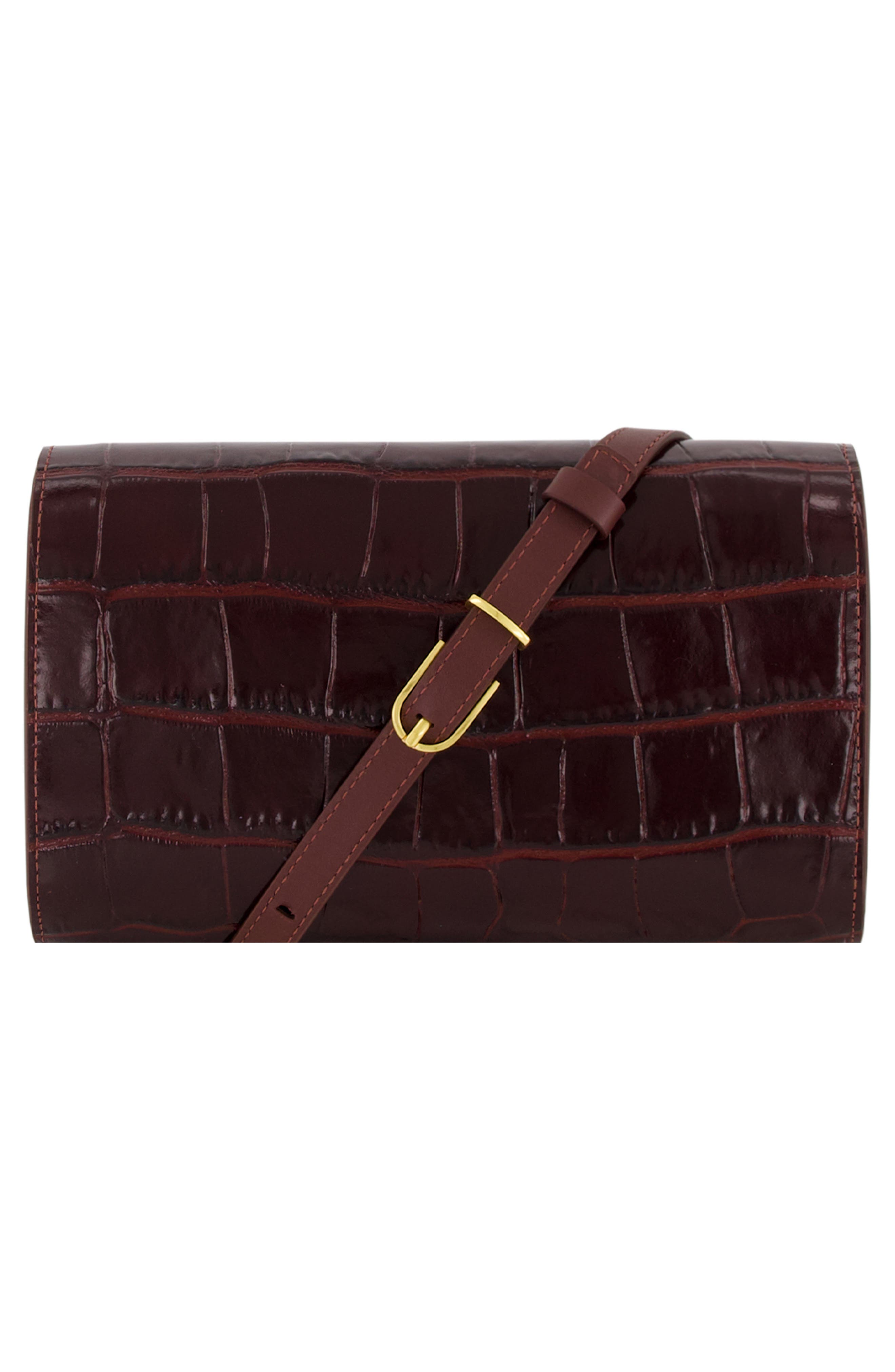 Athene Croc Embossed Leather Wallet on a Strap Crossbody, Alternate, color, BLACK ROSE