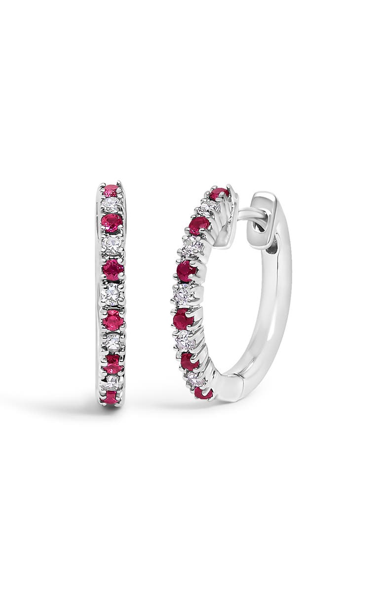 Haus of Brilliance 10K Gold Alternating Diamond and Red Ruby Huggy Hoop Earrings, Main, color, White