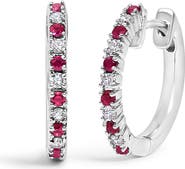 Haus of Brilliance 10K Gold Alternating Diamond and Red Ruby Huggy Hoop Earrings