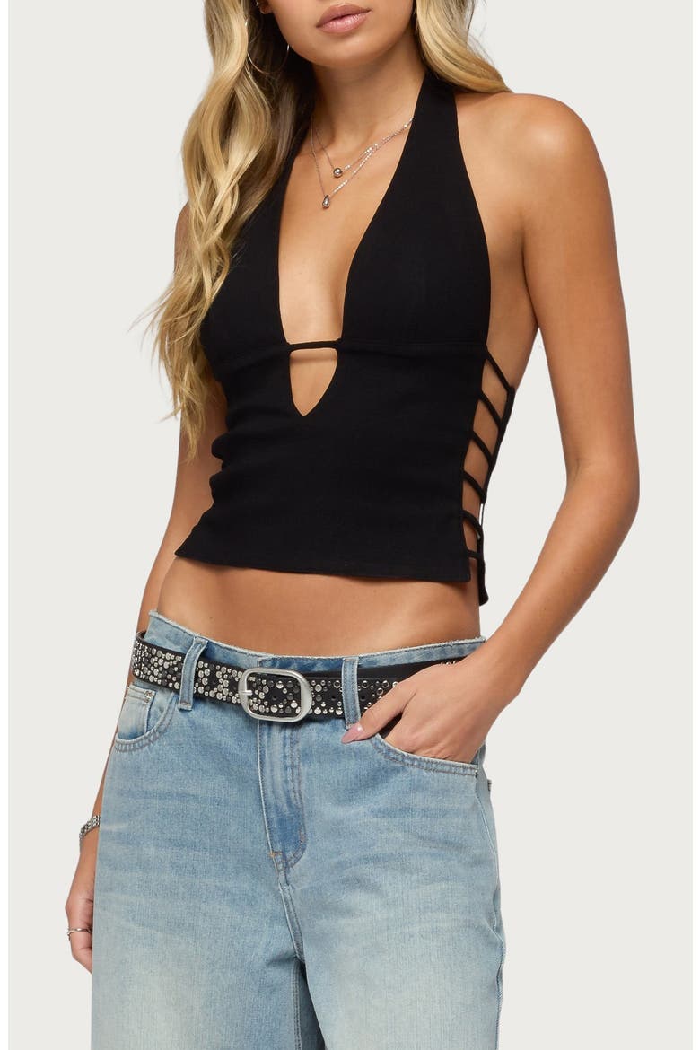 Aneera Plunge Neck Cutout Halter Top, Main, color, BLACK