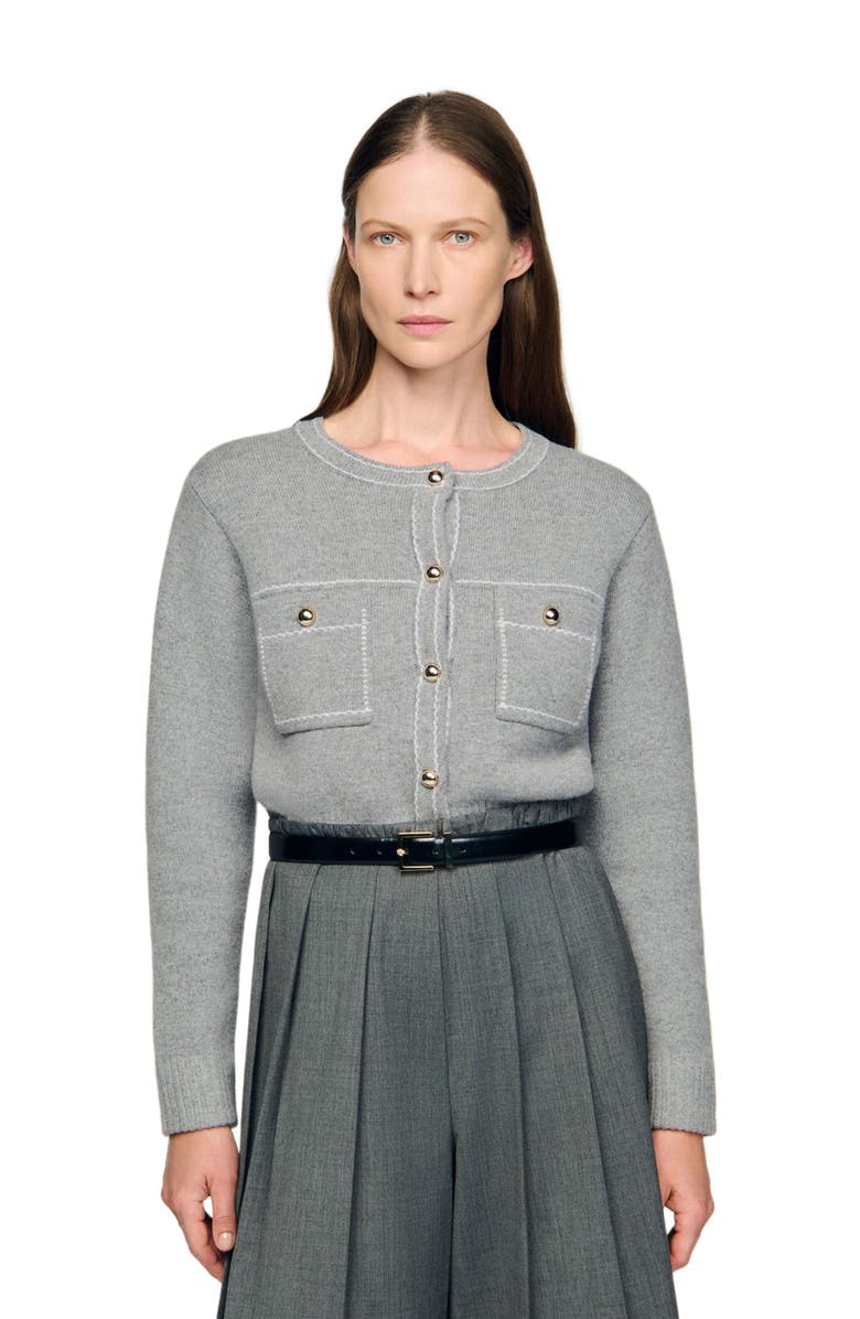 SANDRO Cardigan with contrast stitching, Main, color, Grey