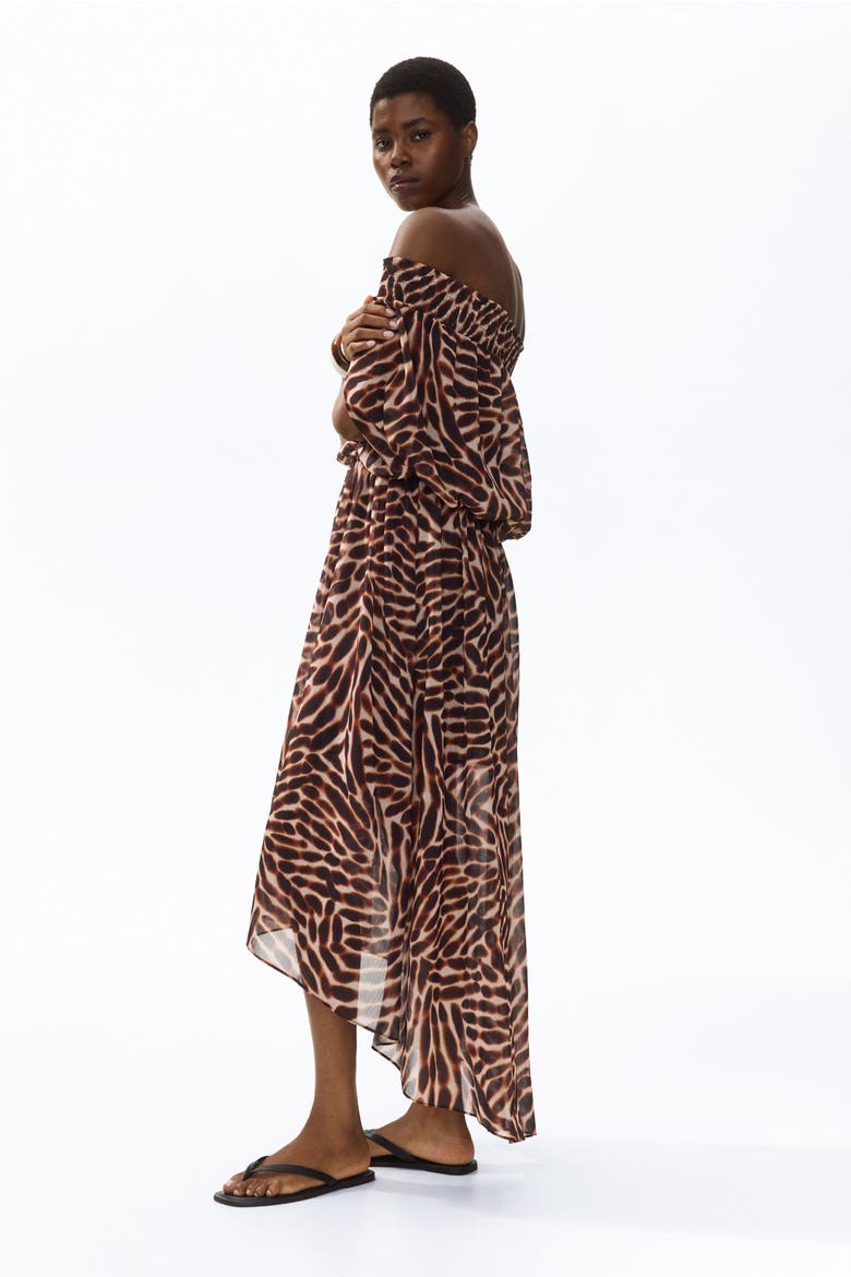 Off-the-shoulder Chiffon Dress, Alternate, color, Dark brown/patterned