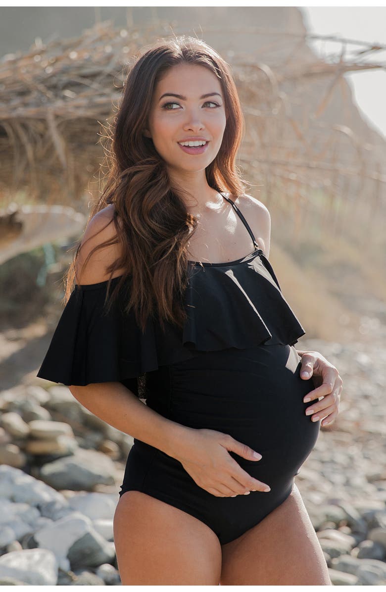 PinkBlush Ruffle Trim Ruched One-Piece Maternity Swimsuit, Alternate, color, Black