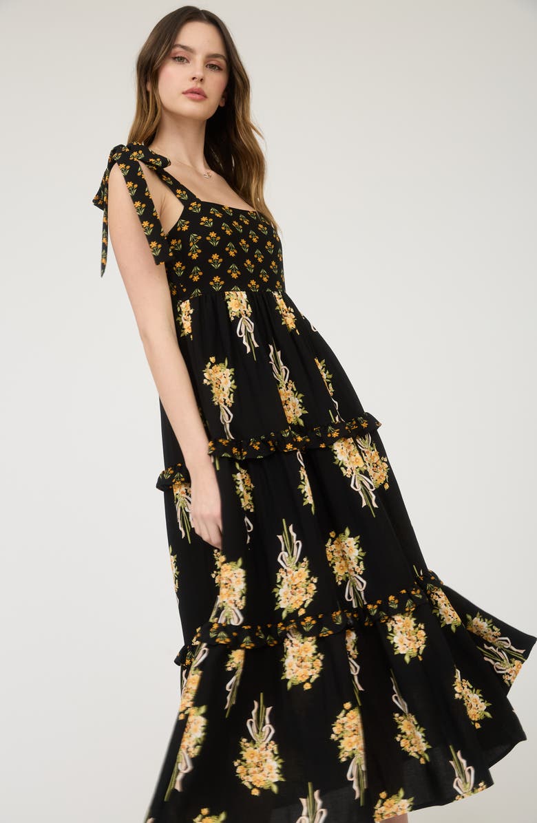 AUGUST SKY Floral Bow Strap Maxi Dress, Alternate, color, Black Multi