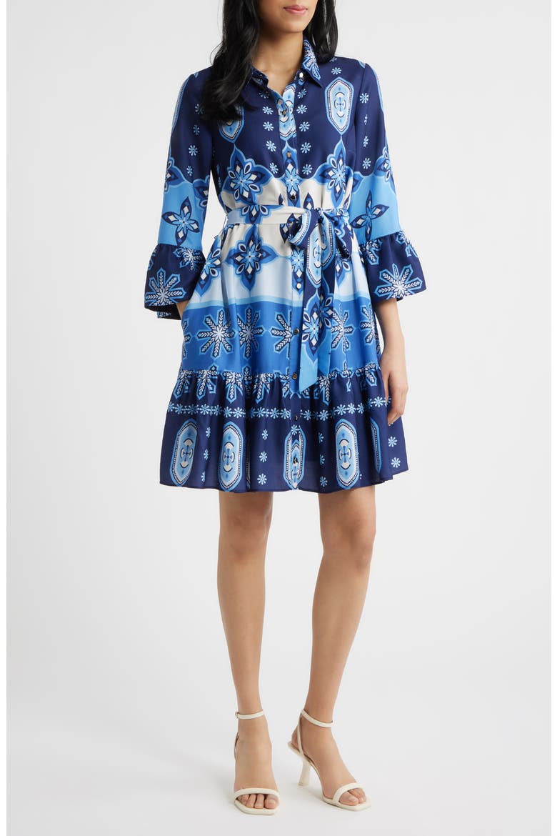 Print Tie Waist Shirtdress, Main, color, BLUE MULTI