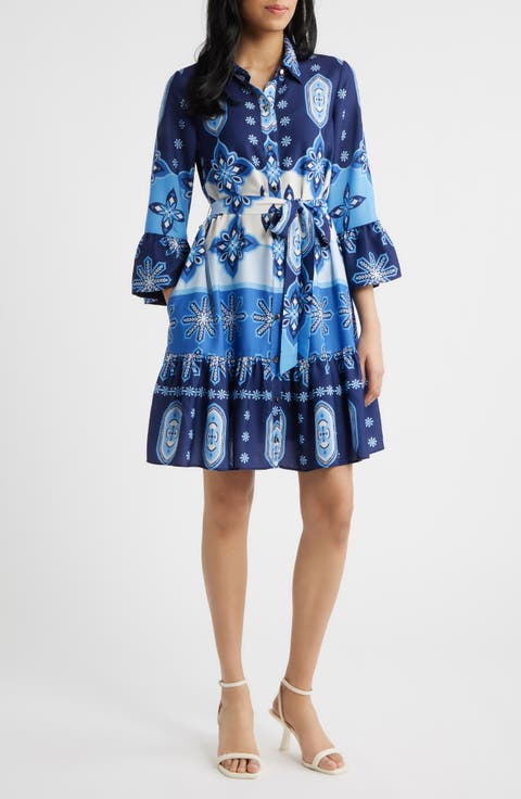 Print Tie Waist Shirtdress