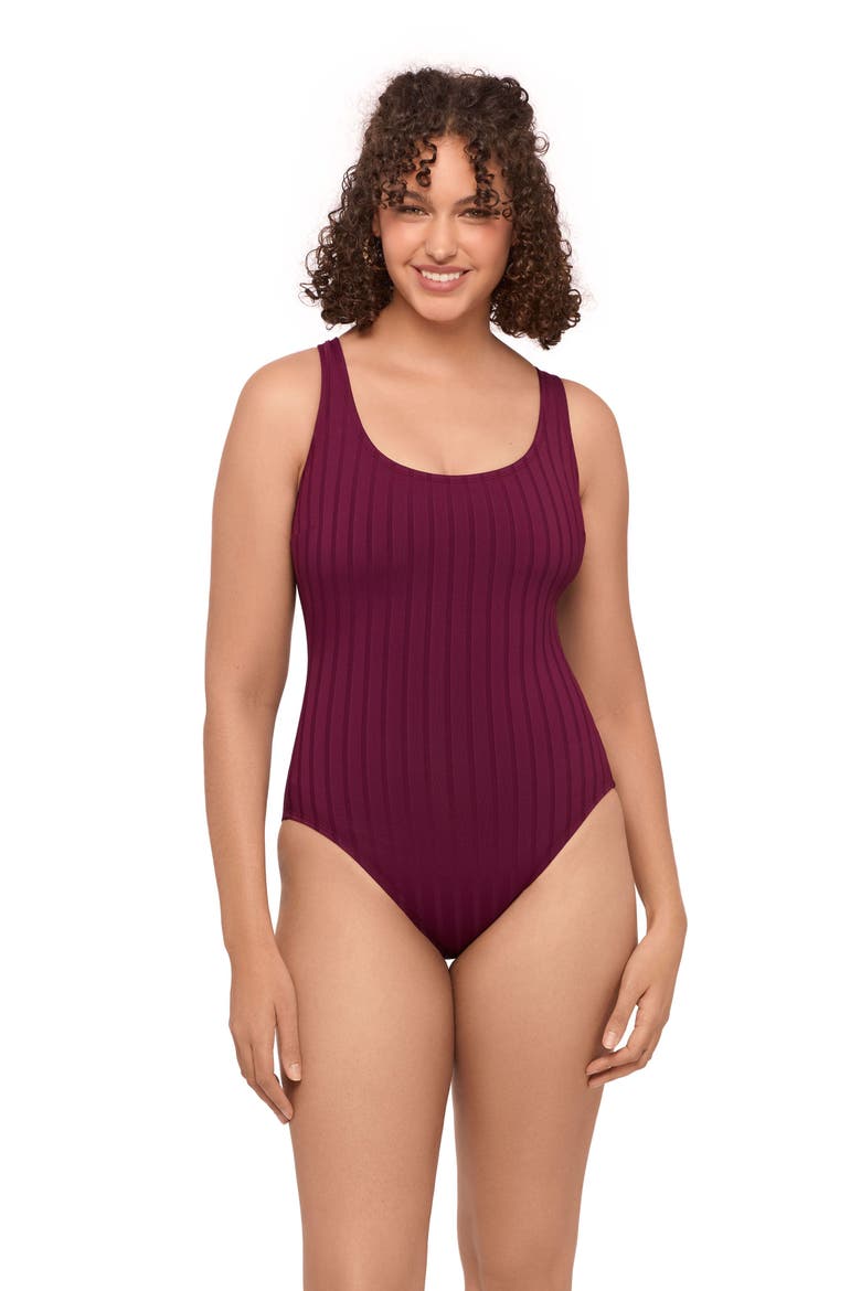 Smoothing and Sculpting Scoop Neck X-Back Wide Rib One-Piece Swimsuit, Main, color, Cherry Mocha Wide Rib