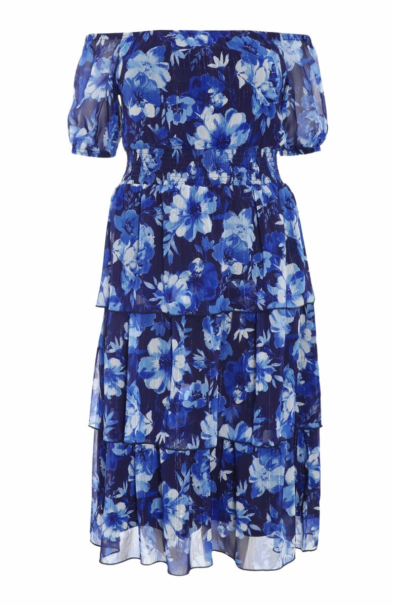 QUIZ Plus Size Chiffon Floral Bardot Tiered Midi Dress, Alternate, color,