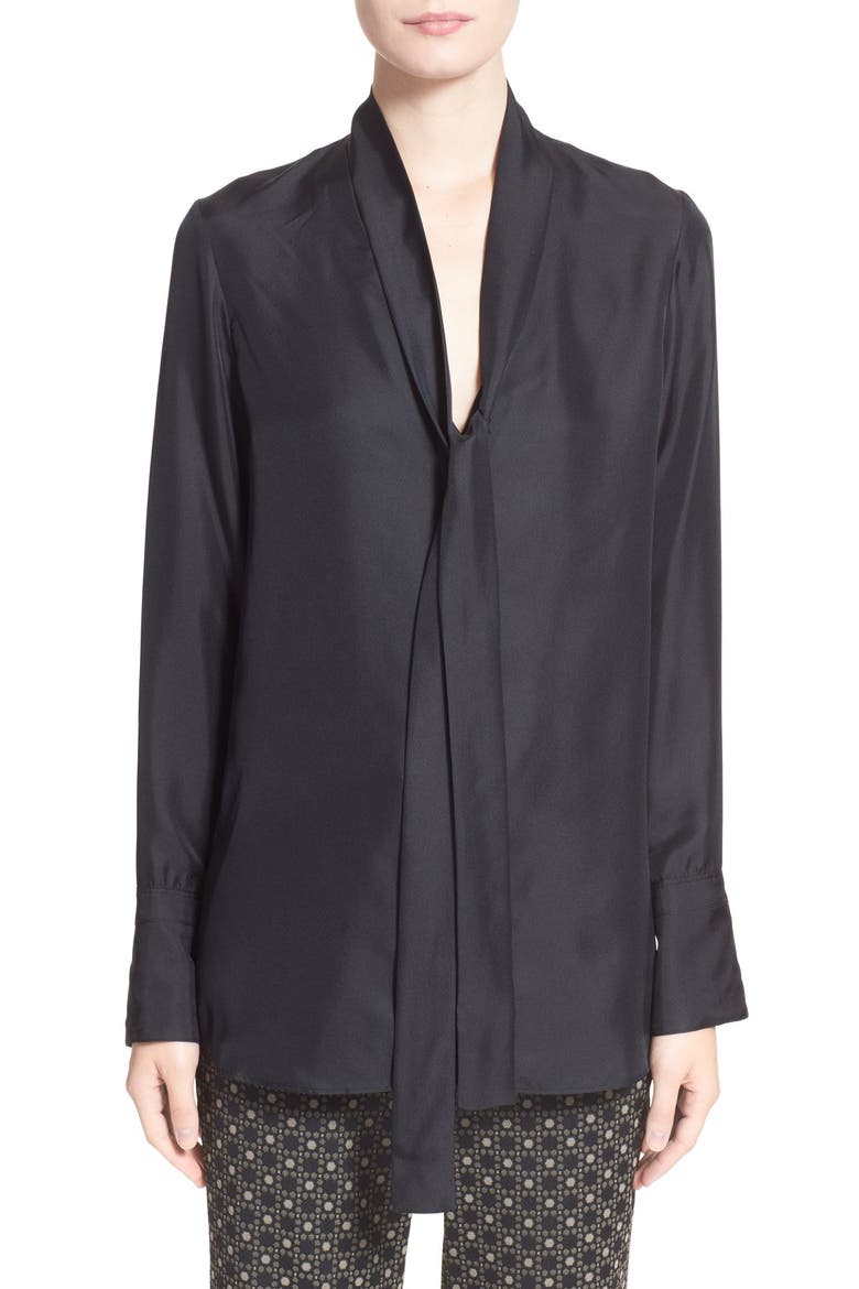 'Florence' Tie Neck Silk Shirt, Main, color, BLACK