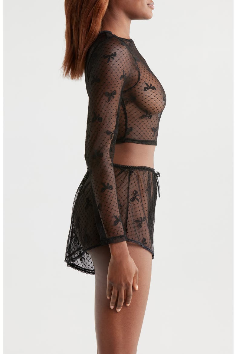 Bow Dotted Mesh Crop Top, Alternate, color, BLACK