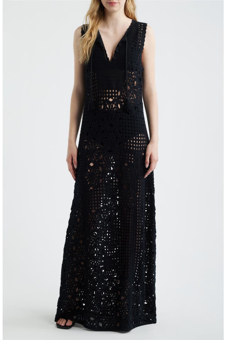 The Postcard Tie Neck Crochet Maxi Dress, Main, color, BLACK
