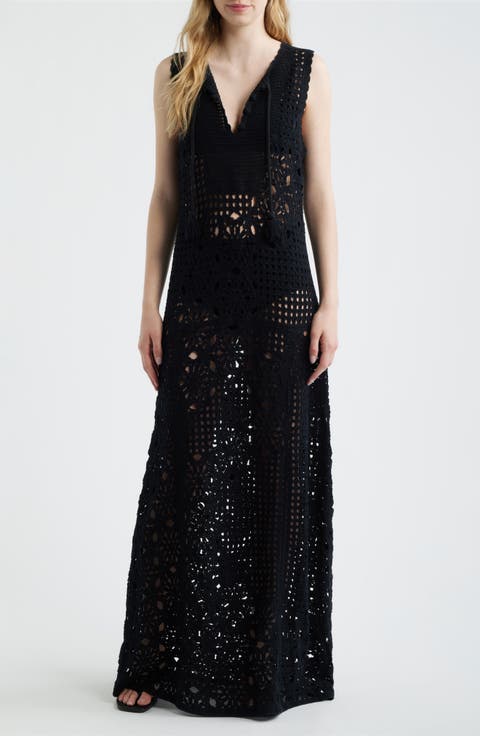 The Postcard Tie Neck Crochet Maxi Dress