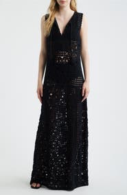 FRAME The Postcard Tie Neck Crochet Maxi Dress