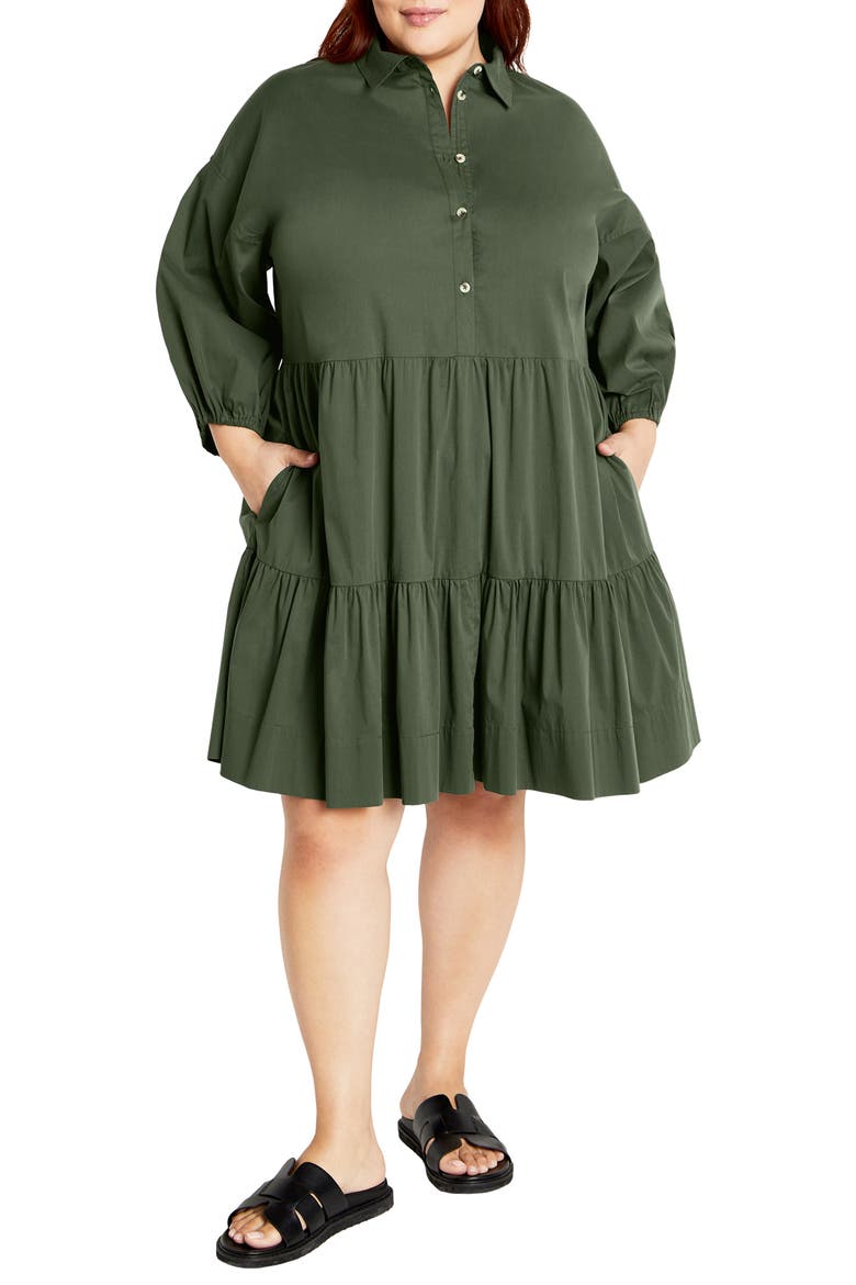 Kiara Balloon Sleeve Tiered Shirtdress, Main, color, KHAKI