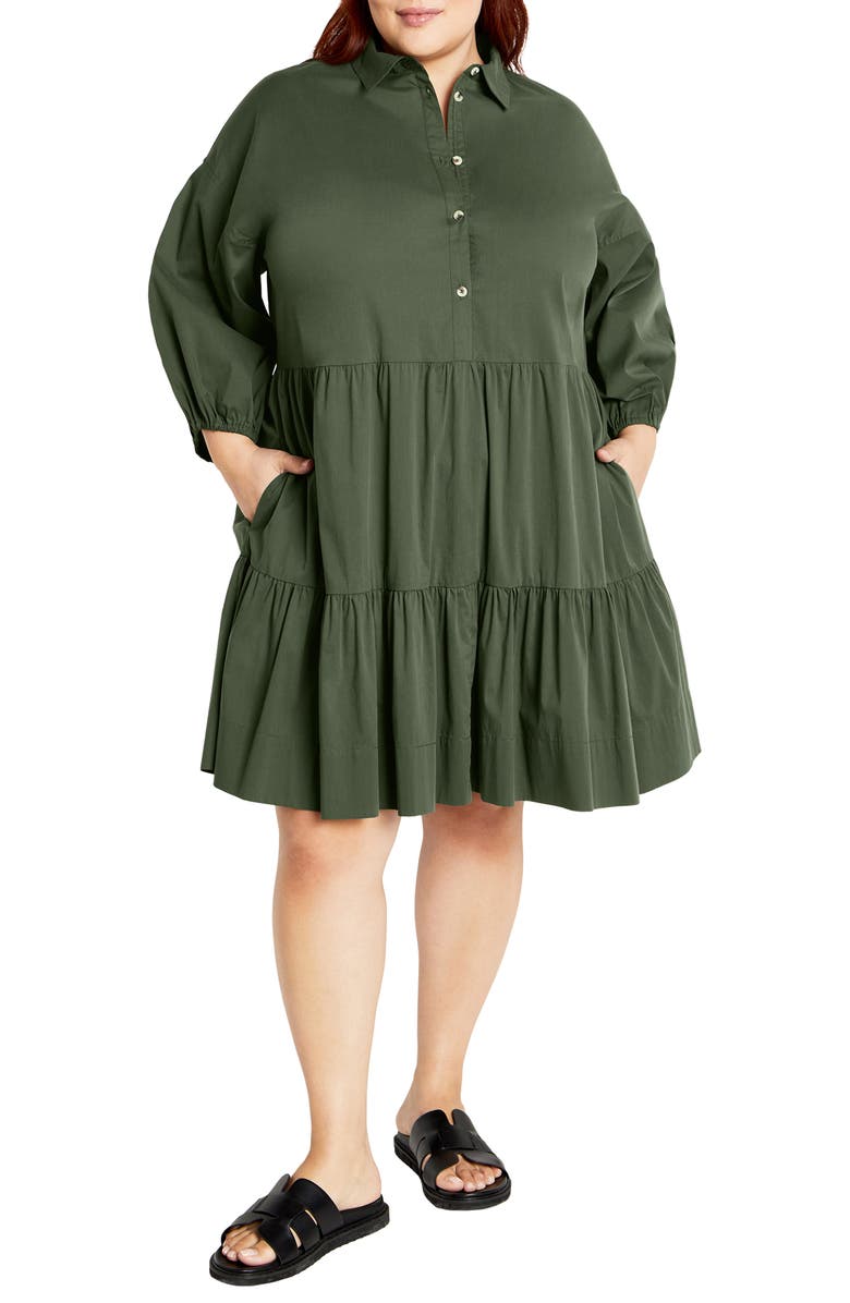 City Chic Kiara Balloon Sleeve Tiered Shirtdress, Main, color, 