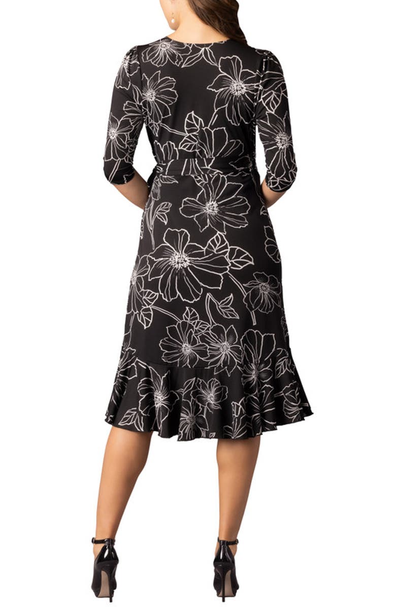 Kiyonna Flirty Flounce Midi Wrap Dress with 3/4 Sleeves, Alternate, color, Black Florals