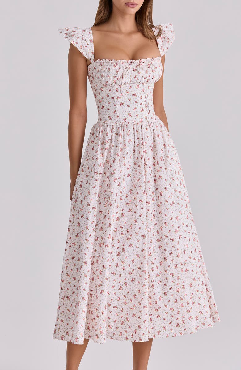 HOUSE OF CB Livia Ditsy Floral Print Stretch Cotton Midi Dress, Alternate, color, White Ditsy