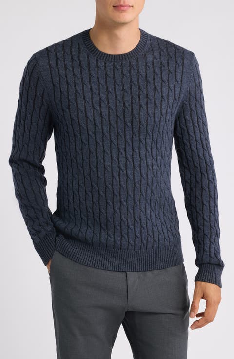 Crewneck Merino Wool Cable Sweater