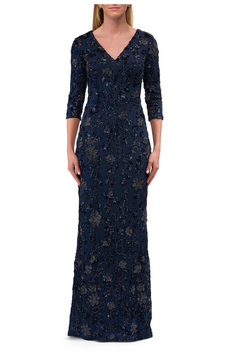 La Femme Stunning Beaded Stretch Net Jersey Gown, Main, color, Navy