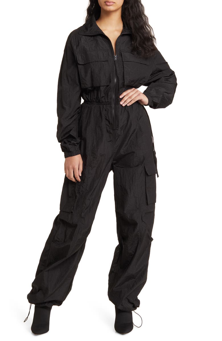 Naked Wardrobe The Windbreaker Nylon Cargo Jumpsuit, Main, color, 