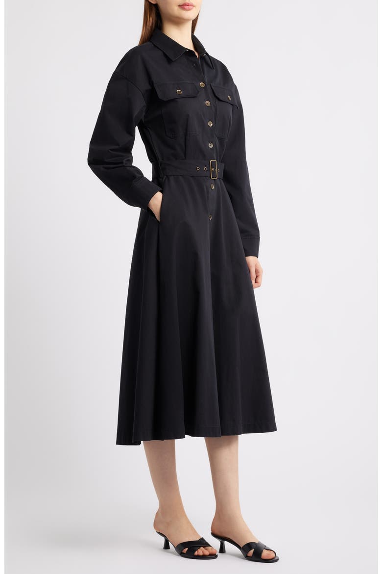 Belted Long Sleeve Shirtdress, Alternate, color, BLACK