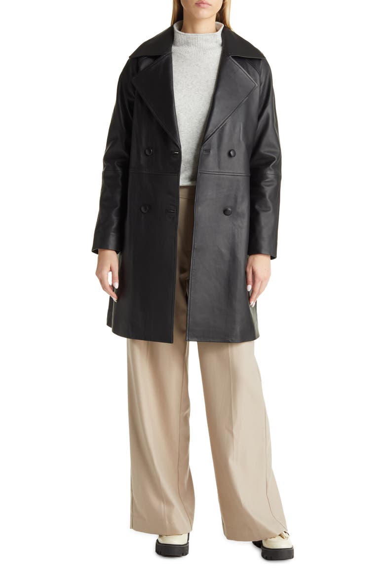Double Breasted Leather Trench Coat, Main, color, BLACK