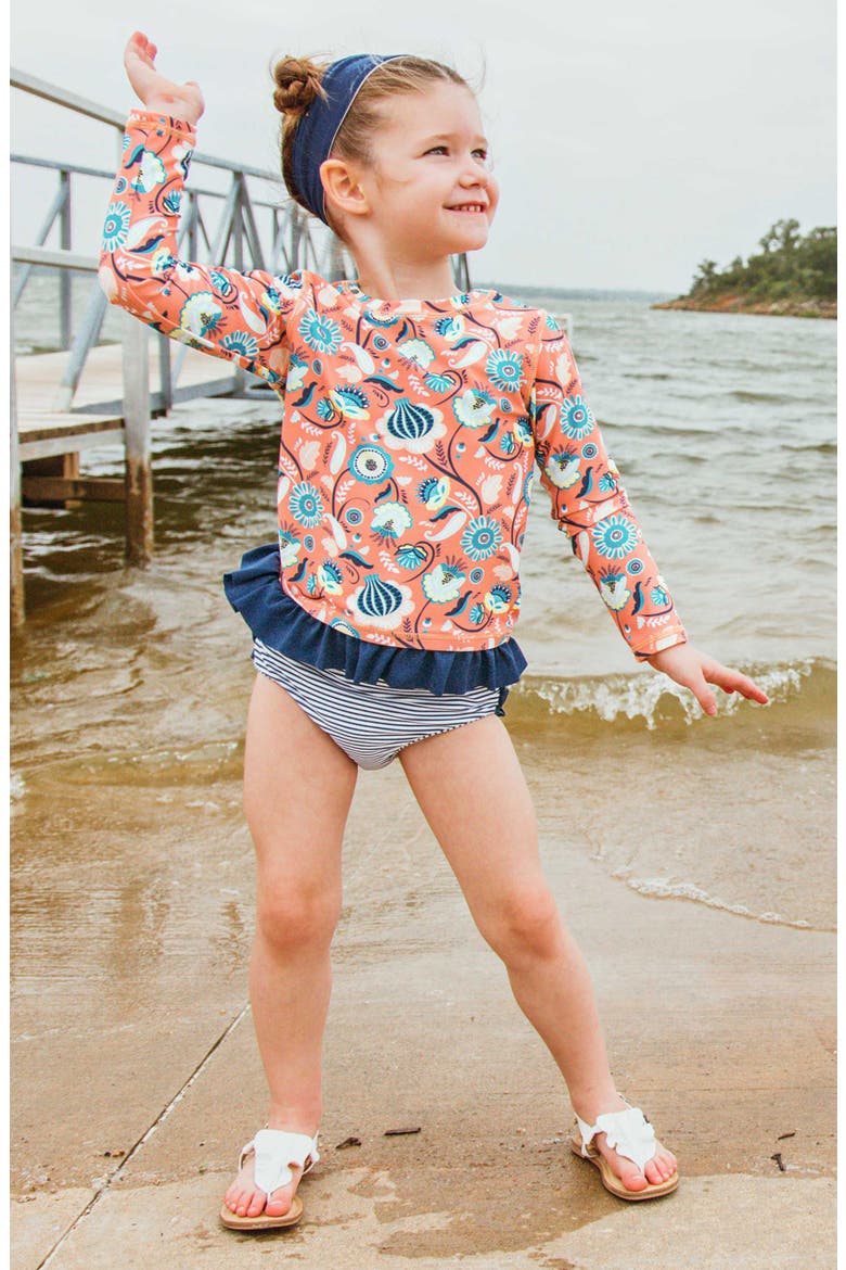 Paisley Paradise Two-Piece Rashguard Swimsuit & Head Wrap Set, Alternate, color, ORANGE