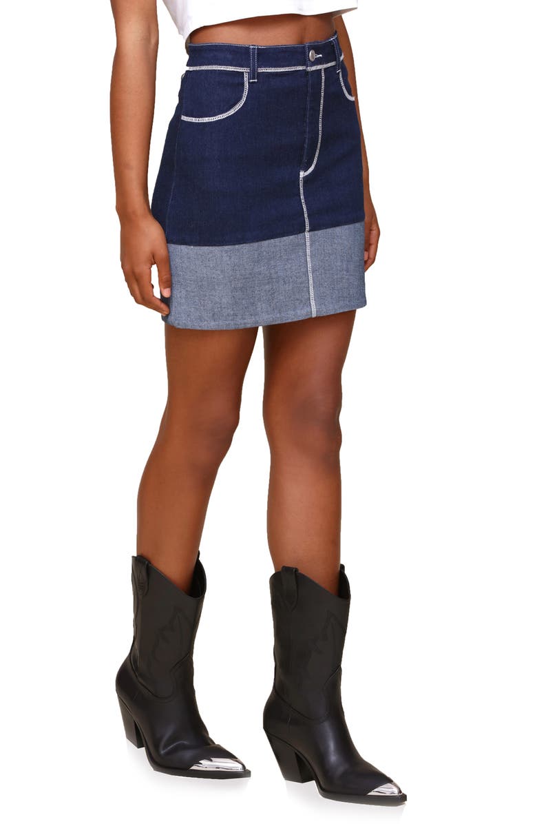 Avec Les Filles Contrast Cuff Denim Miniskirt, Alternate, color, 