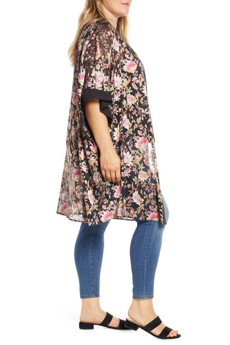 Daniel Rainn Floral Satin Burnout Open Front Topper, Alternate, color, BLACK
