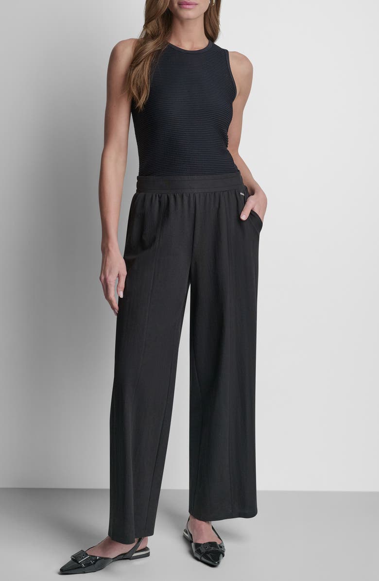 DKNY Logo Pull-On Wide Leg Pants, Alternate, color, Black