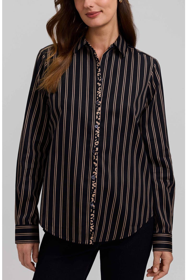 Charlie Stripe Animal Print Trim Cotton Button-Up Shirt, Main, color, BLACK/ ALMOND