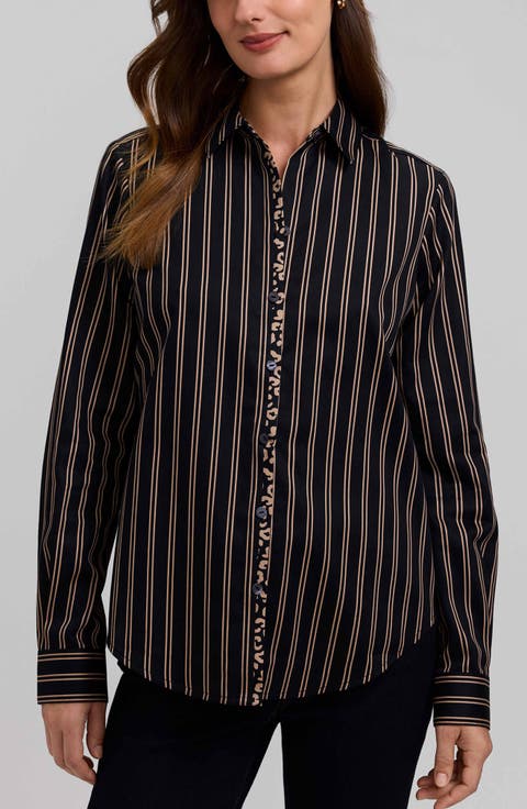 Charlie Stripe Animal Print Trim Cotton Button-Up Shirt