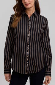 Foxcroft Charlie Stripe Animal Print Trim Cotton Button-Up Shirt