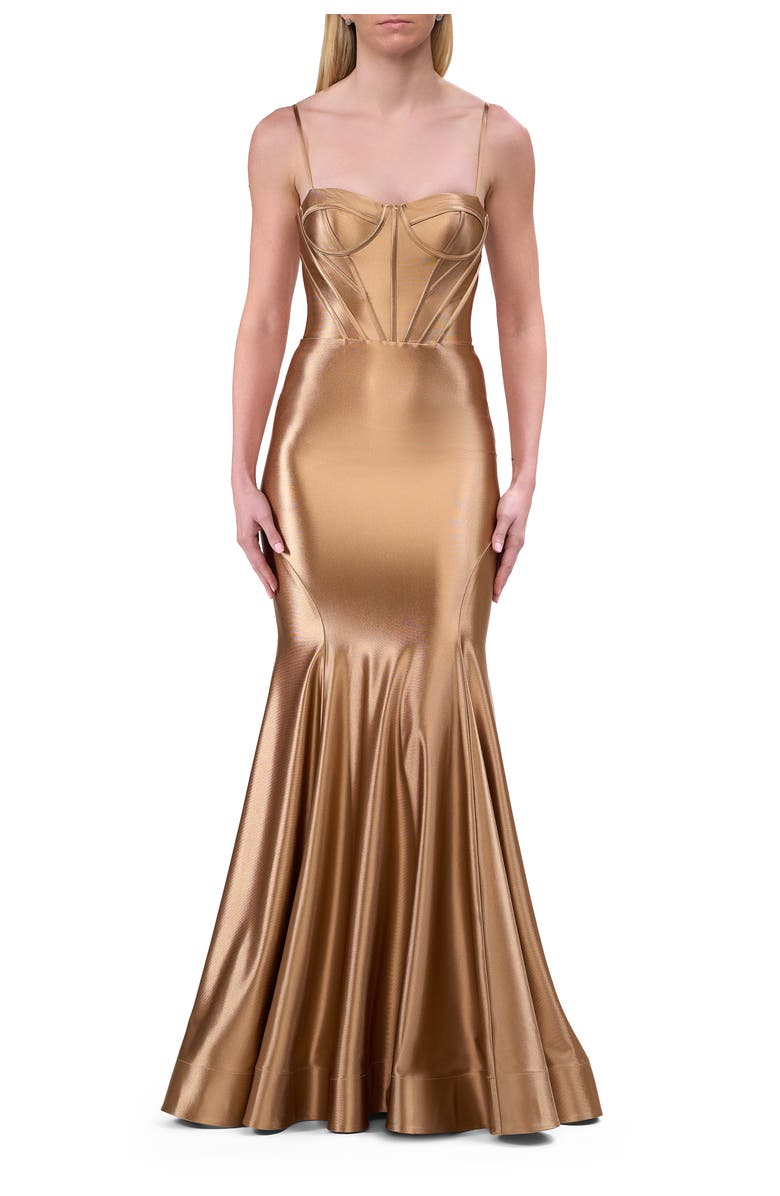 La Femme Chic Stretch Satin Gown with Corset Top and Flare Skirt, Main, color, Bronze
