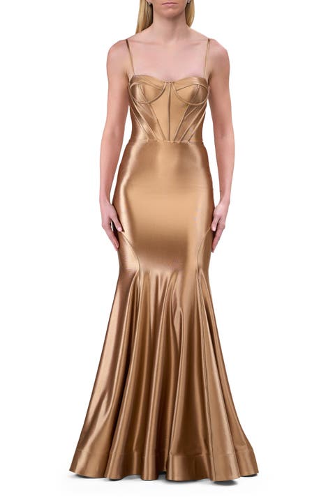 Chic Stretch Satin Gown with Corset Top and Flare Skirt