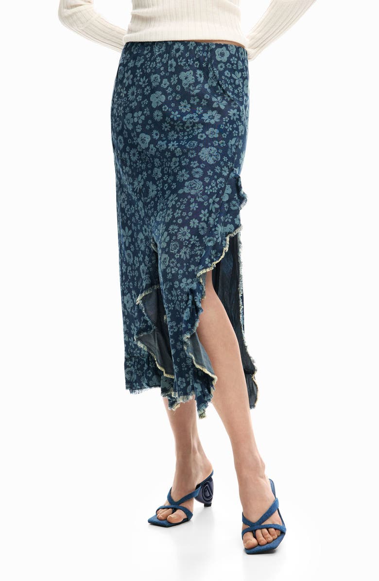 Desigual Floral Print Midi Skirt, Main, color, Medium Blue