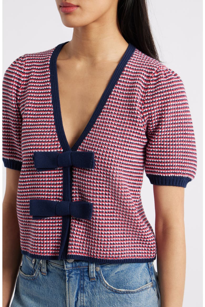Elaine Bow Front Puff Sleeve Cardigan, Alternate, color, TOMATO MULTI
