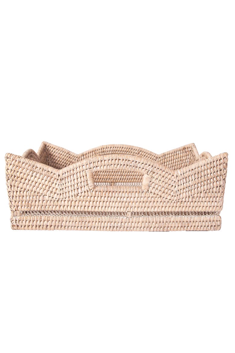 Artifacts Rattan Rectangular Scalloped Shelf Basket, Alternate, color, White Wash