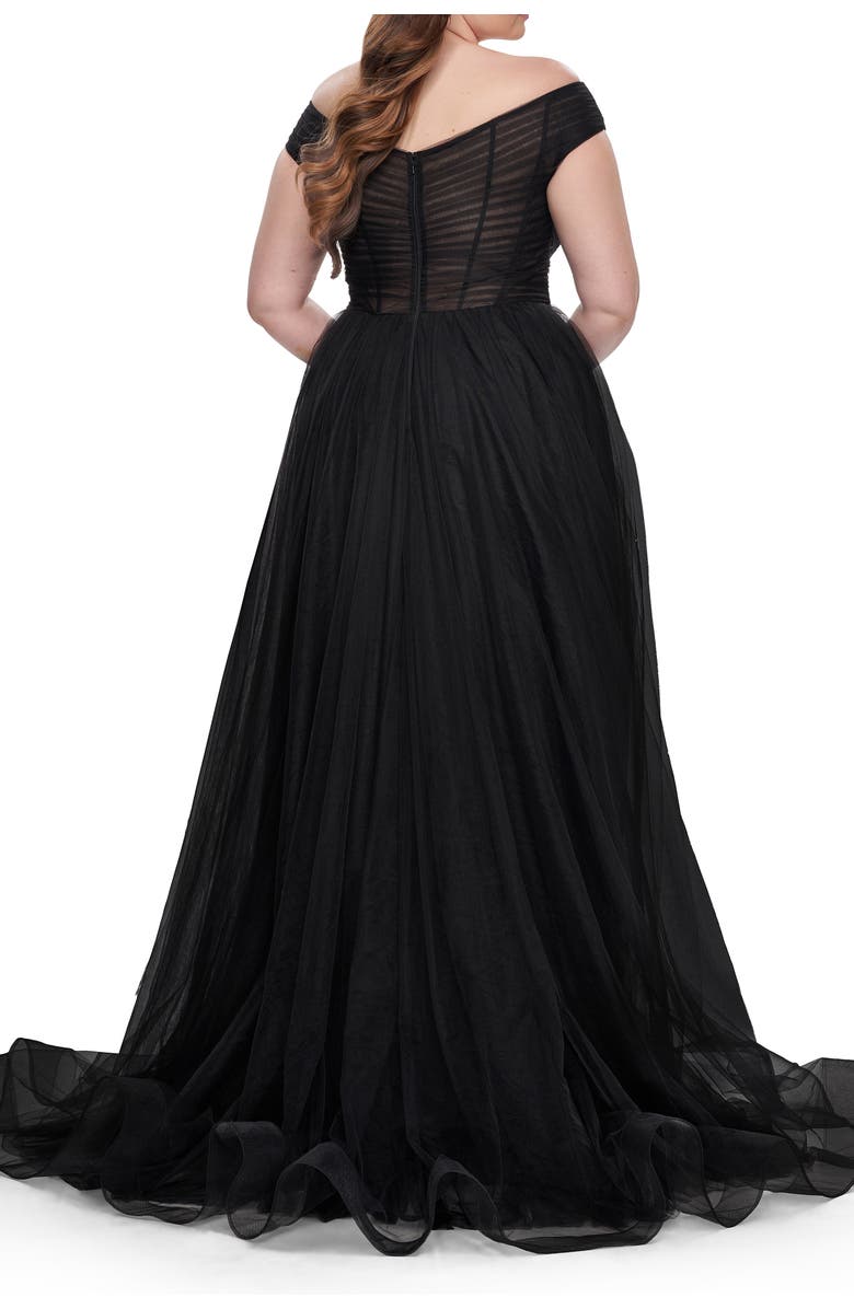 La Femme A-Line Tulle Off the Shoulder Plus Size Dress with Slit, Alternate, color, Black