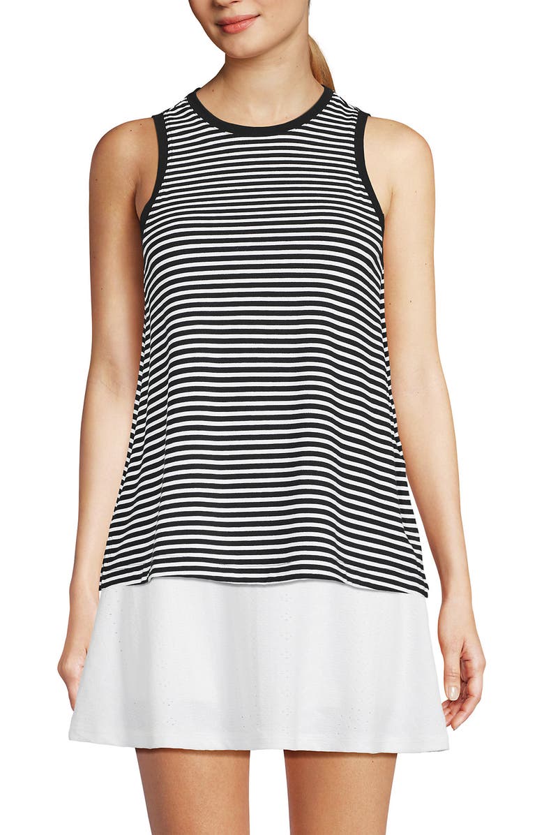 Lands
 End Power Performance Crewneck Tank Top, Main, color, Black/White Mini Stripe