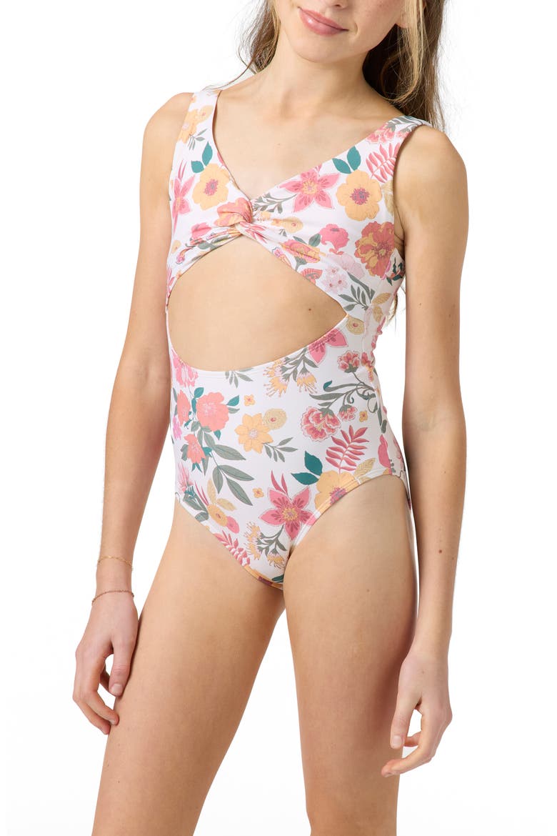 Camellia Floral Twist Cutout One-Piece Swimsuit, Alternate, color, VANILLA