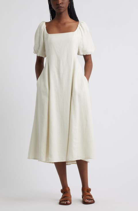 Puff Sleeve Linen Blend Midi Dress