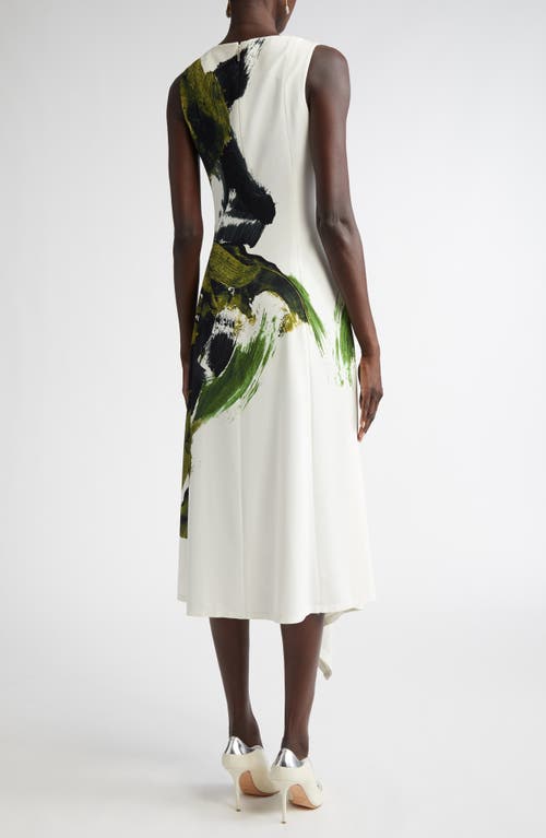 Jason Wu Collection Brushstroke Boatneck Fit-flare Crepe Dress In Chalk/olive Multi