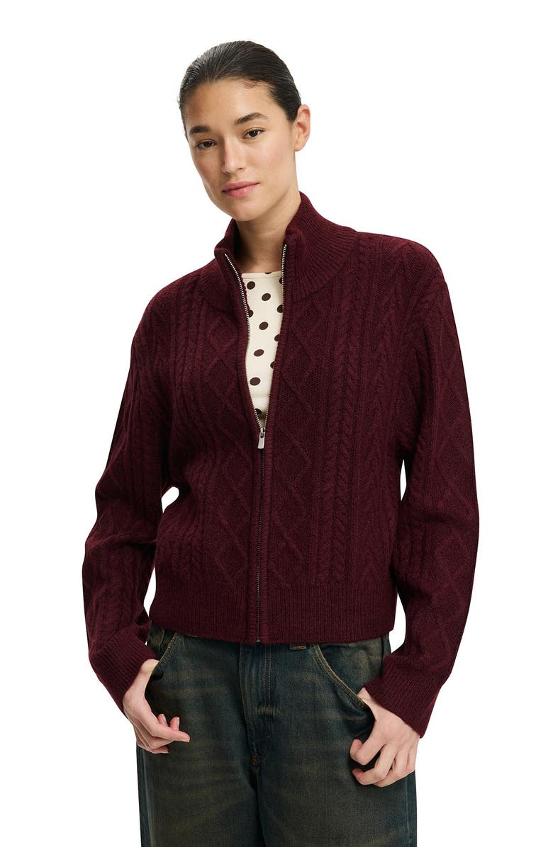 Cotton On Women's Cable Knit Bomber, Main, color, Cherrywood