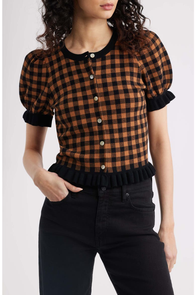Lora Gingham Short Sleeve Cardigan, Main, color, BROWN/ BLACK GINGHAM