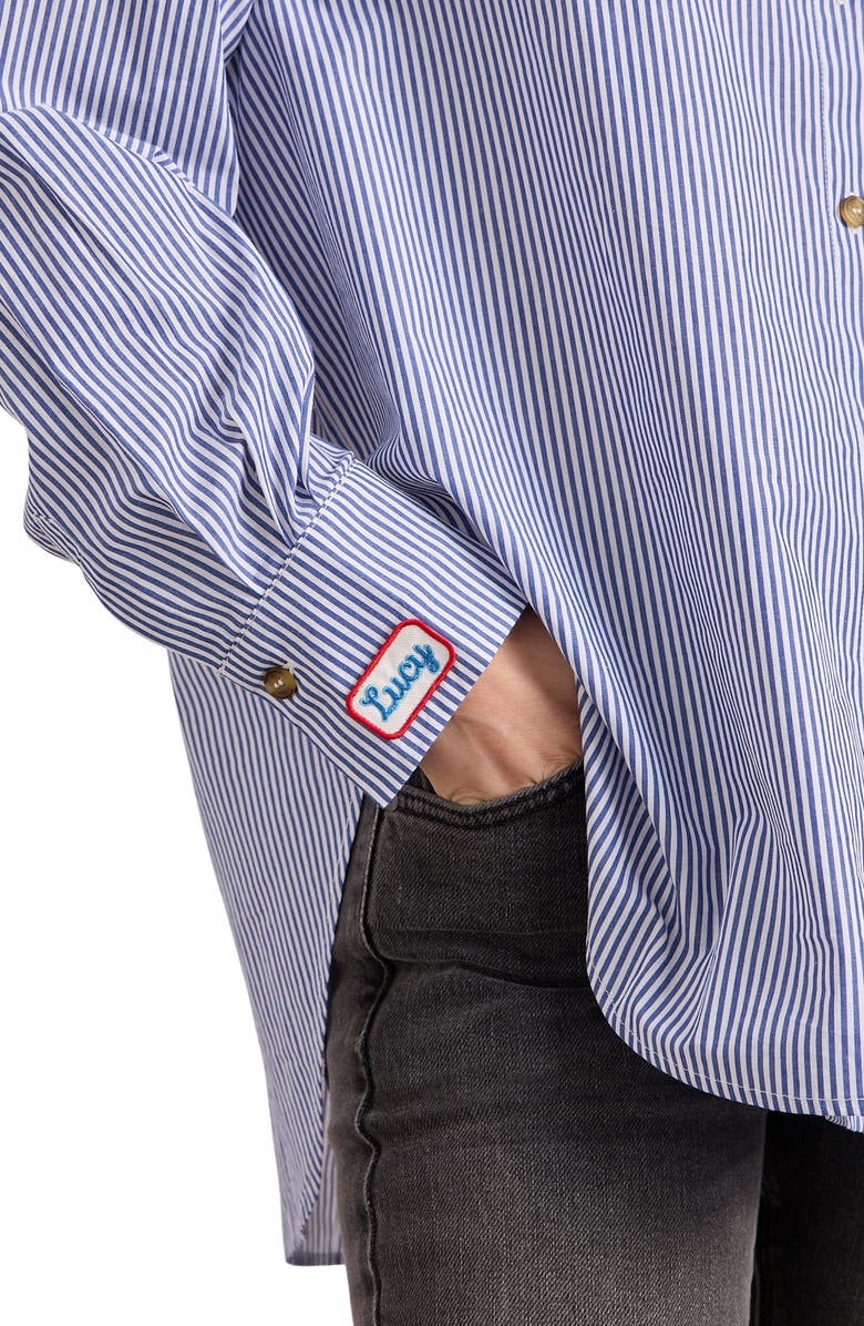 Sanctuary The Doctor Is In Back Graphic Stripe Cotton Button-Up Shirt, Alternate, color, Blue/ White