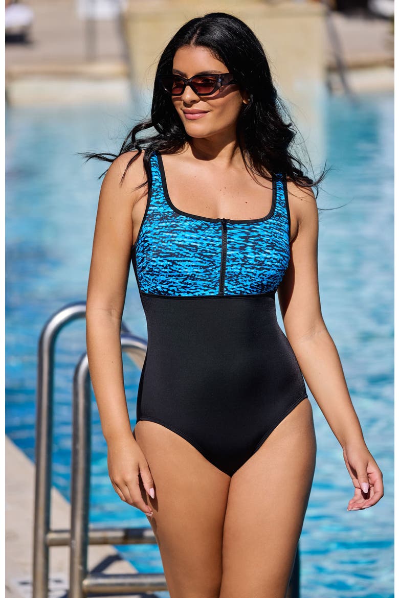 Scoopneck Zipper Tank Chlorine Resistant One-Piece Swimsuit, Alternate, color, Wild Waves