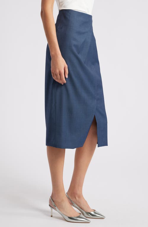 Shop Hugo Boss Boss Velibea Virgin Wool Faux Wrap Midi Skirt In Indigo