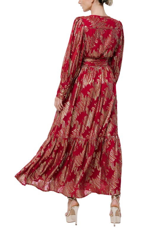 Shop Ciebon Isa Metallic Long Sleeve Wrap Dress In Red
