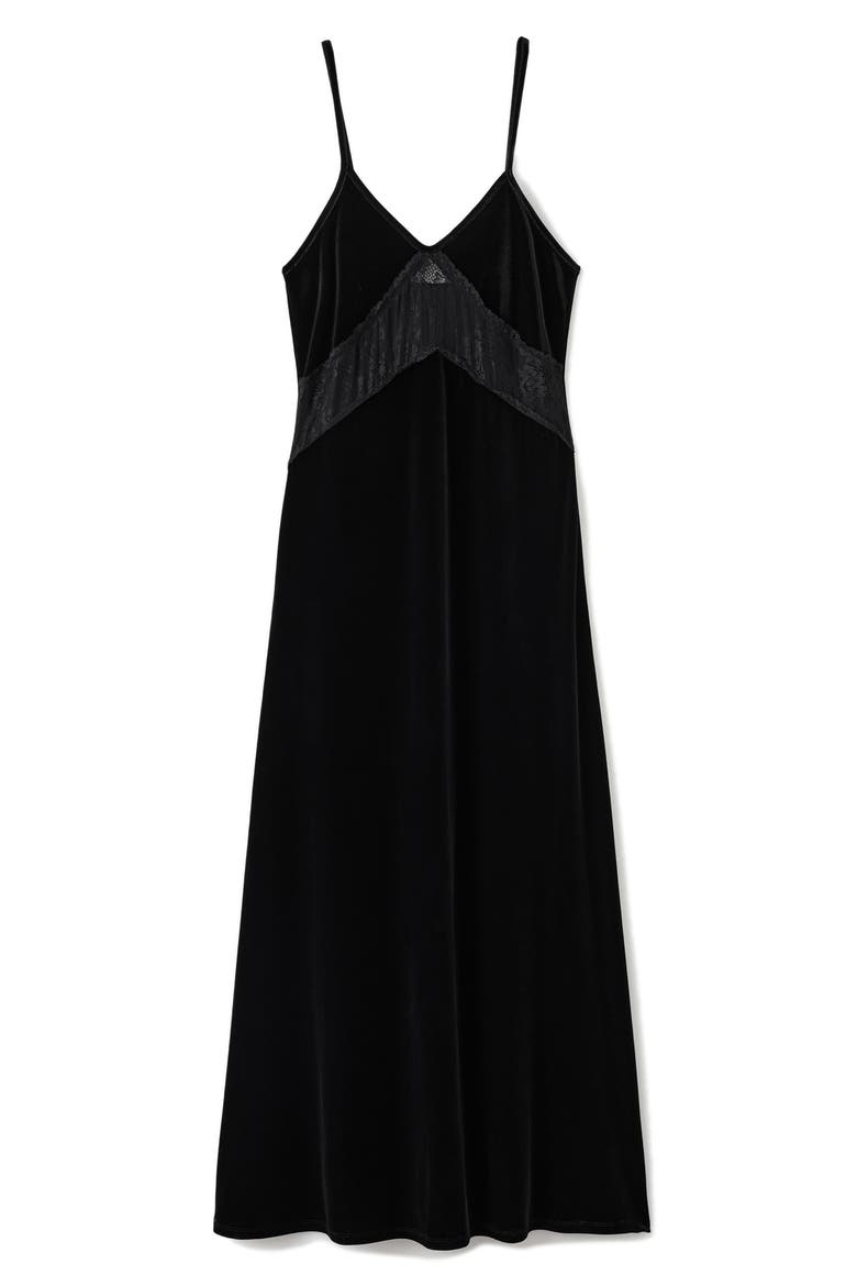 Lace Trim Velvet Maxi Dress, Alternate, color, BLACK